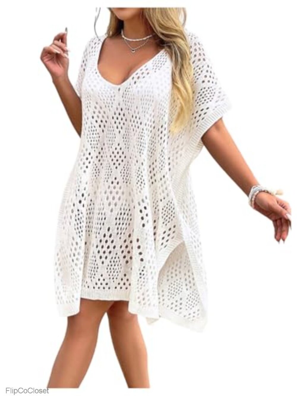 Plus Size Crochet Swimsuit Cover Up Hollow Out Short Sleeve Loose Swim Dress